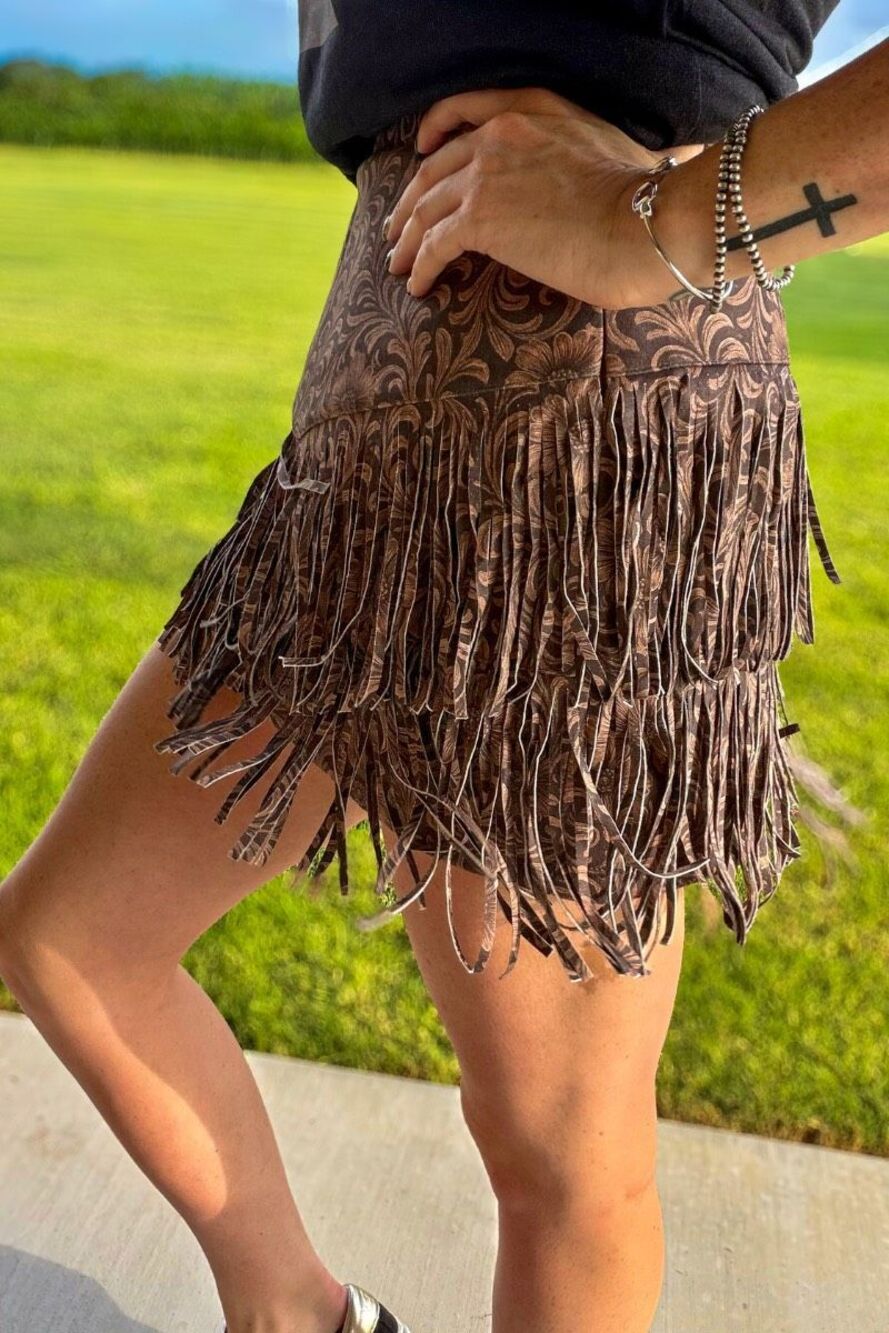 Fort Worth Fringe Skirt Tooled Leather Western High Waisted Brown Rodeo - Picture 3 of 5